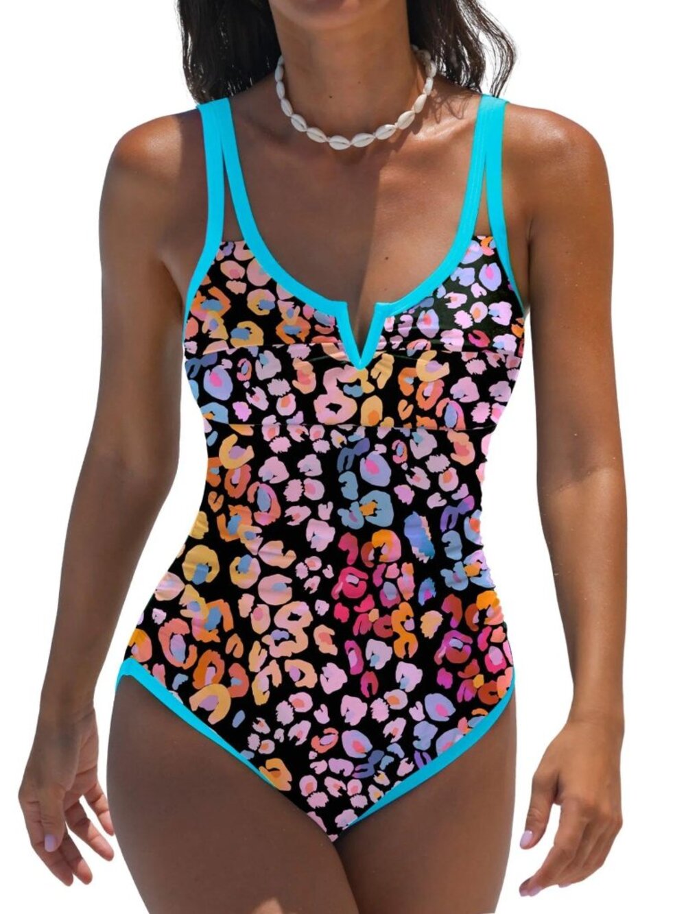 popvil One Piece Swimsuits Women Retro Neon Leopard Print M